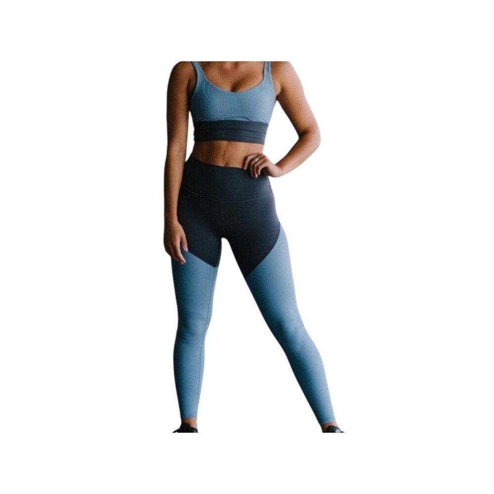 ZYIA Active Parallel Luxe Colorblock Leggings 12 Storm Blue Grey Ribbed